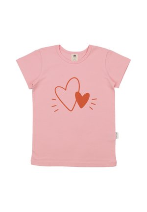 Pink short-sleeve children's t-shirt with two red heart illustrations and small accent lines on the front center.