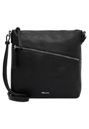 Sac en cuir noir porté en bandoulière avec une finition texturée, une poche zippée diagonale à l'avant et une bandoulière réglable. Accents en métal argenté.