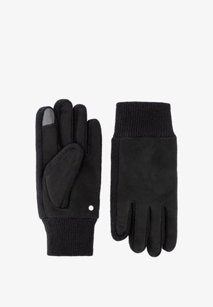 Pair of black gloves with knit cuffs, one showing palm side with touchscreen-compatible tip on index finger.