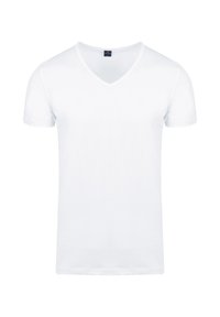 Plain white short-sleeve V-neck T-shirt, medium size, with a small dark label at the neckline.