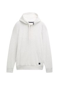 Sudadera gris claro hecha de una tela suave, con un bolsillo frontal, capucha con cordones y puños y dobladillo acanalados. Diseño simple y minimalista.