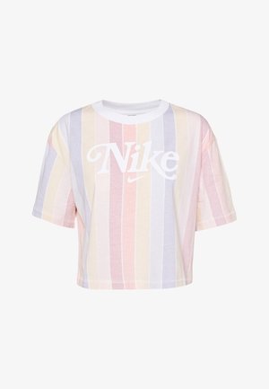 Oříznuté tričko s pastelovými svislými pruhy v růžové, žluté a levandulové barvě. Na přední straně velké bílé logo Nike. Bavlněný materiál.