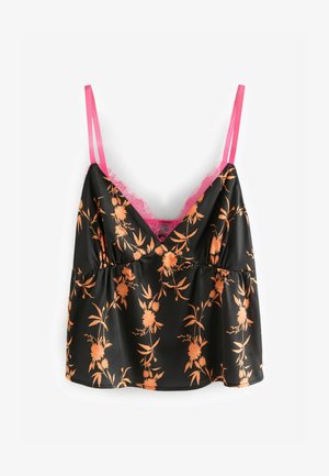 Top en satin noir avec un motif floral orange, doté d'un décolleté en V profond, d'une bordure en dentelle rose le long de l'encolure, et de bretelles roses ajustables.