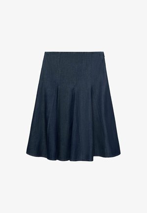 Jupe A-line en denim foncé à taille haute, ornée de plis pour plus de mouvement et d'une finition lisse. Pas d'ornements visibles ni de poches.