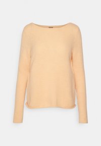 Persikofärgad långärmad tröja med texturerad yta och bred rund halsringning, med en avslappnad passform och sidoflikar vid fållen.