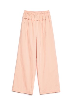 Calças largas de cor rosa suave, com uma cintura alta elástica franzida e um ajuste solto, apresentadas sobre um fundo branco.