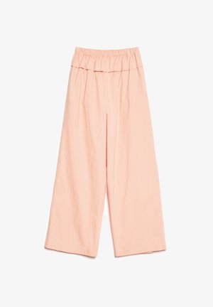 Pantalones anchos de color rosa suave con una cómoda cinturilla elástica alta y un corte holgado, exhibidos sobre un fondo blanco.