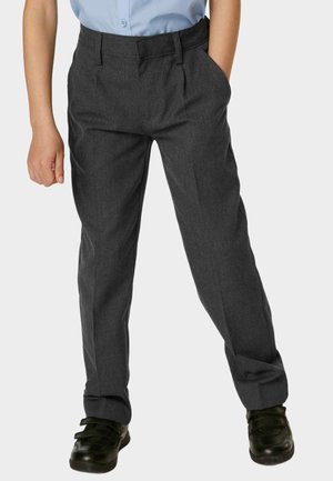Donkergrijze gestructureerde broeken met voorplooien, zijzakken en een getailleerde pasvorm. Draag ze met een lichtblauw shirt en zwarte schoenen.