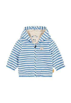 Blau-weiß gestreifte Jacke mit weichem Innenfutter, Kapuze, elastischen Bündchen, Reißverschluss vorne und einem Bärenmotiv auf der Brust.