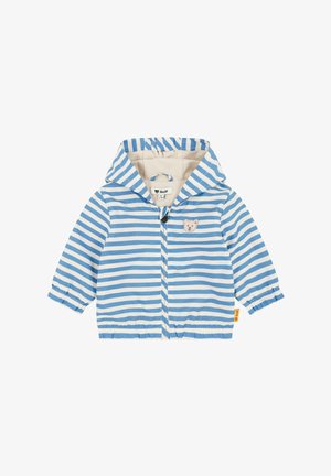 Veste rayée bleu et blanc avec une doublure intérieure douce, une capuche, des poignets élastiques, une fermeture éclair à l'avant et un motif d'ours sur la poitrine.