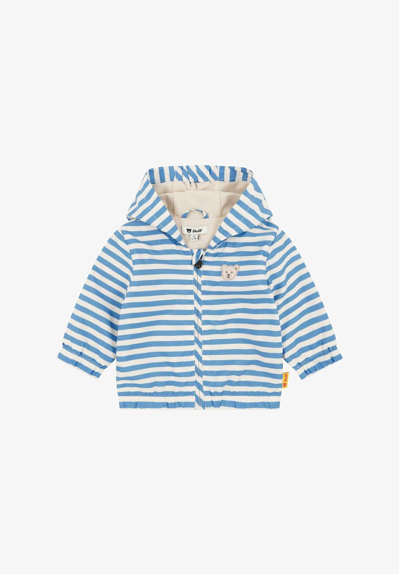 Blau-weiß gestreifte Jacke mit weichem Innenfutter, Kapuze, elastischen Bündchen, Reißverschluss vorne und einem Bärenmotiv auf der Brust.