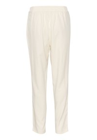 Pantalon blanc ample avec taille élastique, longueur totale, fabriqué en tissu léger, présenté sur un fond blanc uni.
