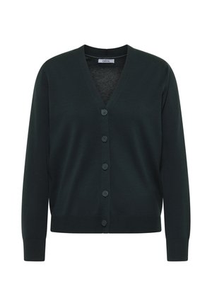 Cardigan vert foncé avec un col en V, des manches longues et une fermeture à six boutons sur le devant. Il présente des poignets et un ourlet côtelés avec une texture douce et lisse.