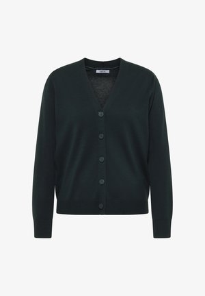 Dunkelgrüner Cardigan mit V-Ausschnitt, langen Ärmeln und sechs Knöpfen auf der Vorderseite. Verfügt über gerippte Bündchen und Saum sowie eine weiche, glatte Textur.