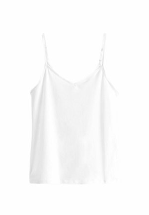 Witte cami-top met verstelbare spaghettibandjes, v-hals en zachte, gladde katoenen stof. Eenvoudig ontwerp, geen patronen of accenten.