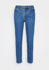 Blå denimjeans med rak skärning, fem-fickorsdesign, knapp- och blixtlåsstängning, samt en urtvättad texturerad finish.