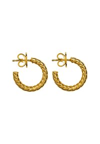 Pendientes de aro de oro con un diseño de cuerda retorcida, que cuentan con un cierre de presión seguro y un acabado brillante.