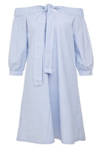 Pruhované šaty ve světle modré a bílé barvě z bavlny, s designem bez ramínek, dlouhými nabíranými rukávy a detailem na krku se zavázáním.