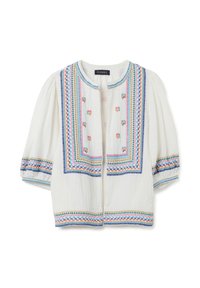 Blusa de algodón blanca con patrones bordados coloridos, mangas globo con puños estampados y cuello redondeado.