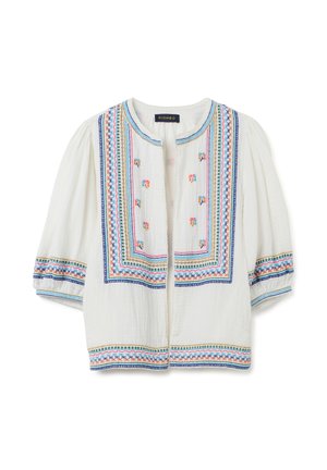 White cotton blouse featuring colorful embroidered patterns, balloon sleeves with patterned cuffs, and a rounded neckline.
