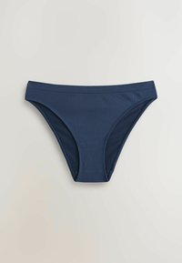 Navy krāsas bikini apakšdaļa, izgatavota no gluda auduma, ar klasisku griezumu, bezšuvju jostasvietu un bez redzamām rakstām vai metāla detaļām.