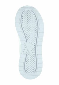 Suola di sneaker in gomma bianca con un pattern a zigzag, finitura lucida e un logo prominente sul lato.