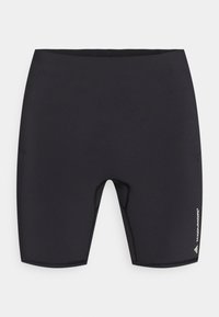 Μαύρα μαγιό σορτς από ελαστικό υλικό. Διαθέτουν εφαρμοστή γραμμή, κοντό εσωτερικό ραφές και ενισχυμένη μέση με μικρές πλαϊνές τσέπες.