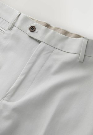 Šviesiai pilkos kelnės su rudu mygtuku, diržo kilpelėmis ir matomu priekinio kišenės detalizavimu ant vientisos fono.