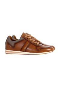 Sneaker in pelle marrone con un collo in rete testurizzata, lacci piatti e suola in gomma bianca. Presenta un branding sottile sul lato.