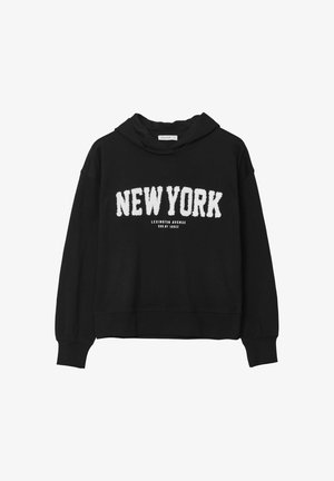 Sweat à capuche noir avec "NEW YORK" en lettres blanches texturées et "LEXINGTON AVENUE" en dessous. Manches et ourlet côtelés, coupe décontractée.