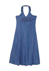 Abito in denim a halter di un blu medio. Caratterizzato da un corpetto arricciato, una gonna ampia e lacci al colletto. Tessuto liscio.
