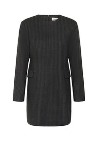 Schwarzes Nadelstreifen-Kleid mit langen Ärmeln, zwei vorderen Taschen, Rundhalsausschnitt und einem Reißverschluss hinten. Hergestellt aus einem strukturierten, leichten Stoff.