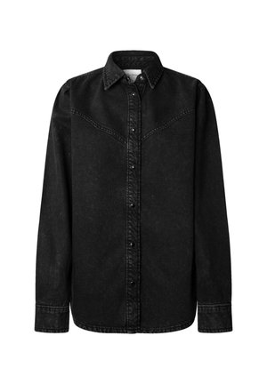 Zwarte denimshirt met een spits kraag, lange mouwen en knoopsluiting aan de voorkant. Kenmerkt zich door een yoke-detail in westerse stijl en subtiele textuur.