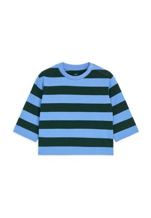 T-shirt bébé à manches longues avec larges rayures horizontales bleues et noires et boutons-pression sur une épaule.