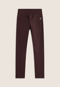 Collant bordeaux realizzati in un tessuto liscio e elasticizzato, dotati di una fascia alta in vita e di una piccola patch con logo vicino alla vita. Design a lunghezza totale.