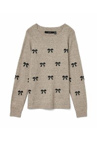 Maglione lavorato a maglia beige con collo rotondo, maniche lunghe e motivi a fiocco neri in tutto. Tessuto morbido con una vestibilità comoda.