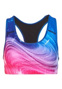 Sports bra made of stretchy material, featuring a ombre design with blue, pink, and white stars, racerback style, and black lining.
