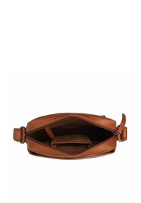 Borsa in pelle marrone con chiusura a zip, interno spazioso e una tasca aggiuntiva visibile all'interno per l'organizzazione. Texture liscia in tutto.