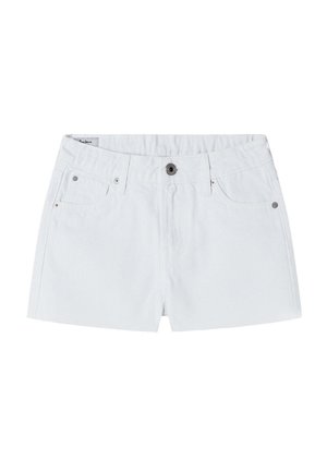 Short en denim blanc avec fermeture par bouton et zip, passants de ceinture et poches avant sécurisées par des rivets métalliques.