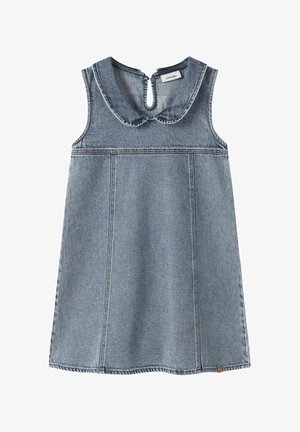 Ærmeløs lyseblå denimkjole med Peter Pan-krave og lynlås bagpå, designet til børn.