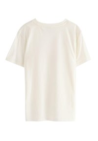 Kremowa bawełniana koszulka, krótki rękaw, okrągły dekolt, gładki wzór, miękka tekstura, prosty kroj bez widocznych logo czy wzorów.
