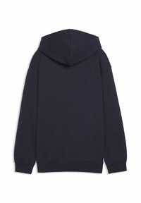 Sweat à capuche bleu marine en coton doux, avec une grande capuche, des manches longues et des poignets côtelés, au design minimaliste sans aucune marque visible.