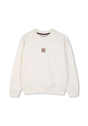 Off-white crewneck trui met lange mouwen en een klein bruin vierkant logo in het midden van de borst.
