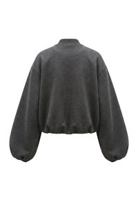 Sweat-shirt court gris foncé avec de longues manches ballon et un col côtelé, montré de dos sur fond blanc.