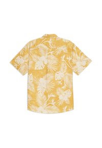 Korte mouwen shirt van gele stof met een wit tropisch bladpatroon. Losse pasvorm met een rugpand en rechte zoom.