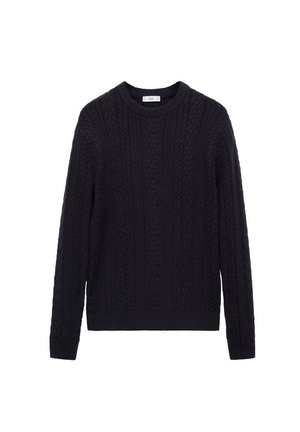 Marineblauer Strickpullover mit Kabelmuster, Rundhalsausschnitt, langen Ärmeln sowie gerippten Bündchen und Saum. Hergestellt aus strukturiertem, warmer Stoff.
