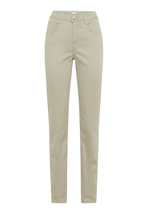 Beige Baumwollmischungshosen mit schmalem Schnitt, hoher Taille, zwei Fronttaschen und einem einzelnen Knopfverschluss am Bund.