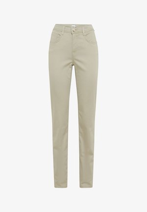 Beige katoenmengsel broek met een slim fit, hoge taille, twee vo pockets en een enkele knoopsluiting in de taille.