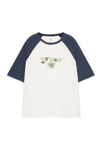 T-shirt blanc et marine à manches raglan avec texte Toy Story et personnage alien vert imprimé sur la poitrine.
