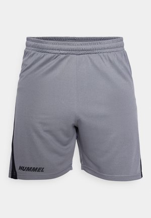 Grå atletiske shorts med en sort stribe på siden, lavet af letvægtsmateriale, med en strækbar talje og logoet "HUMMEL" nederst til venstre.